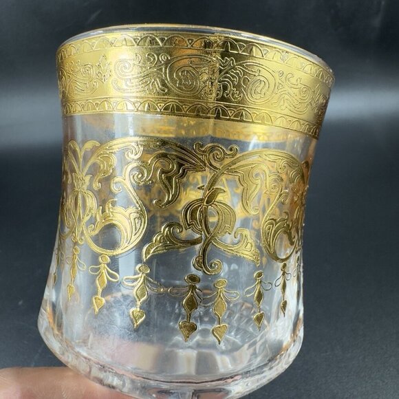 Bohemian Czech Clear Glass Goblet Cups Set2 Glasses Heavy Gold Butterfly Pattern - Picture 15 of 16